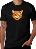 Cute Cartoon Cat Face Black T-Shirt