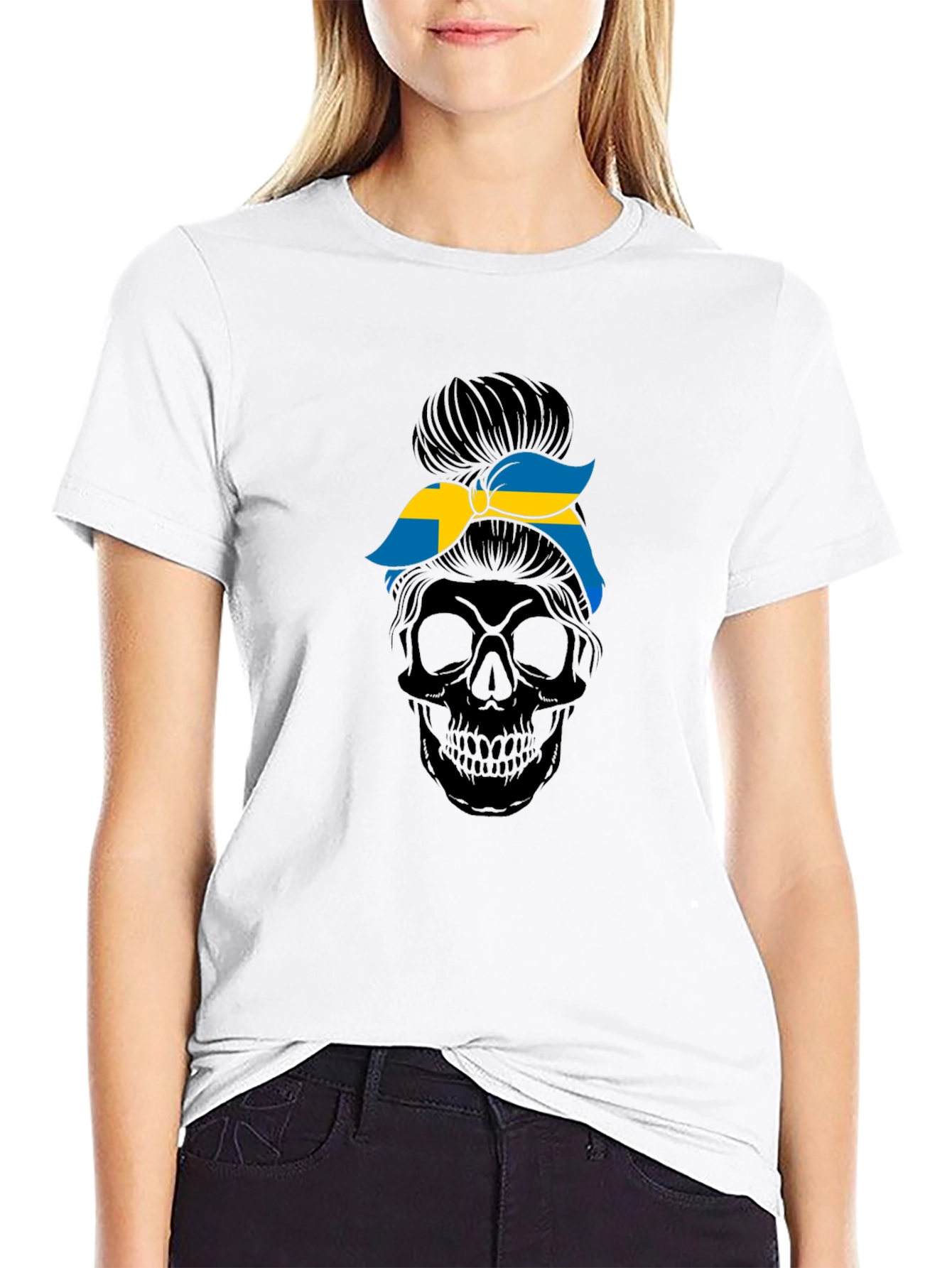 Sweden Flag Skull Messy Bun T-Shirt