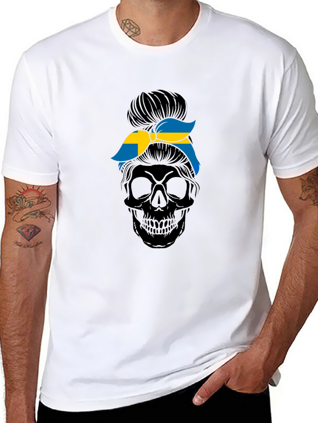 Sweden Flag Skull Messy Bun T-Shirt