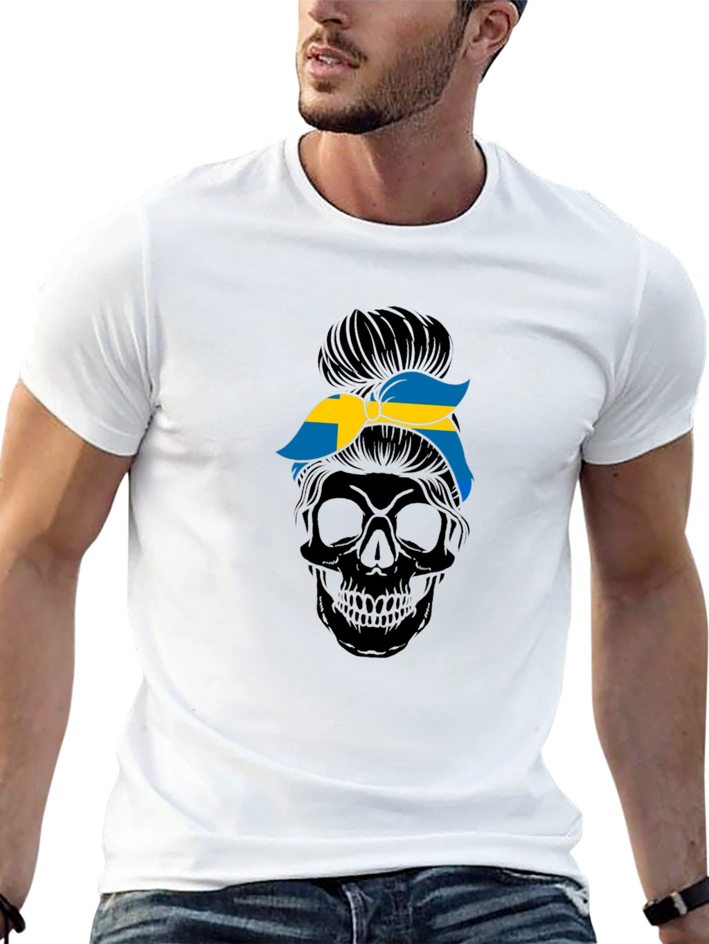 Sweden Flag Skull Messy Bun T-Shirt