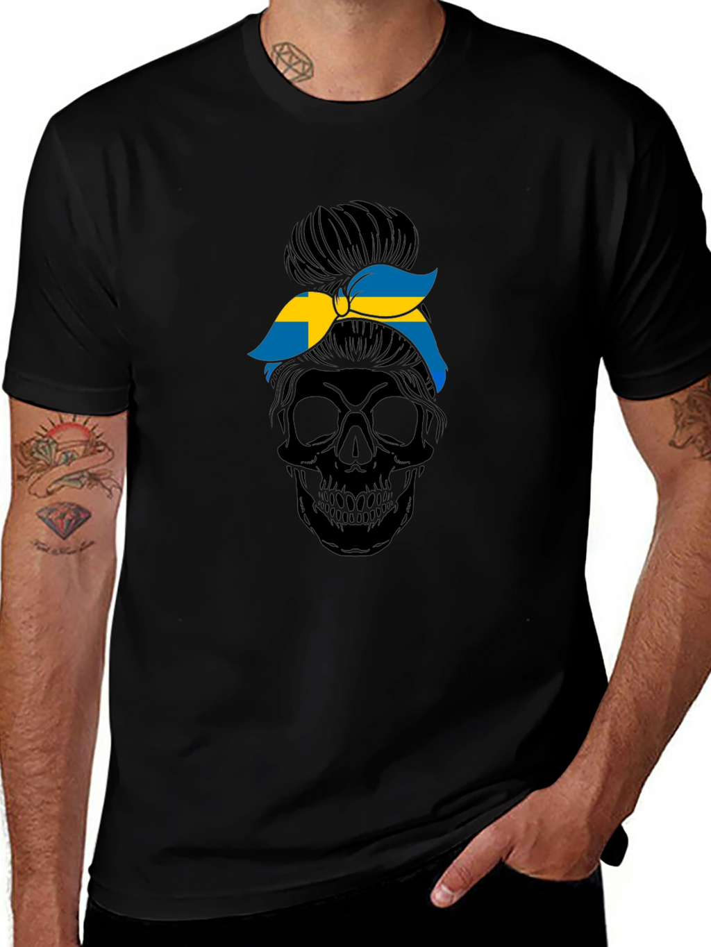Sweden Flag Skull Messy Bun T-Shirt