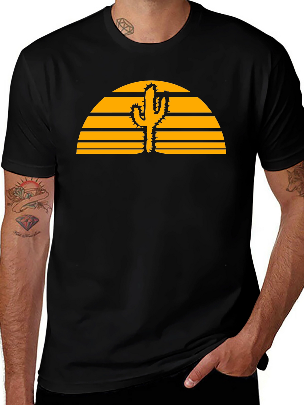 Desert Sunset Cactus Graphic Tee - Black