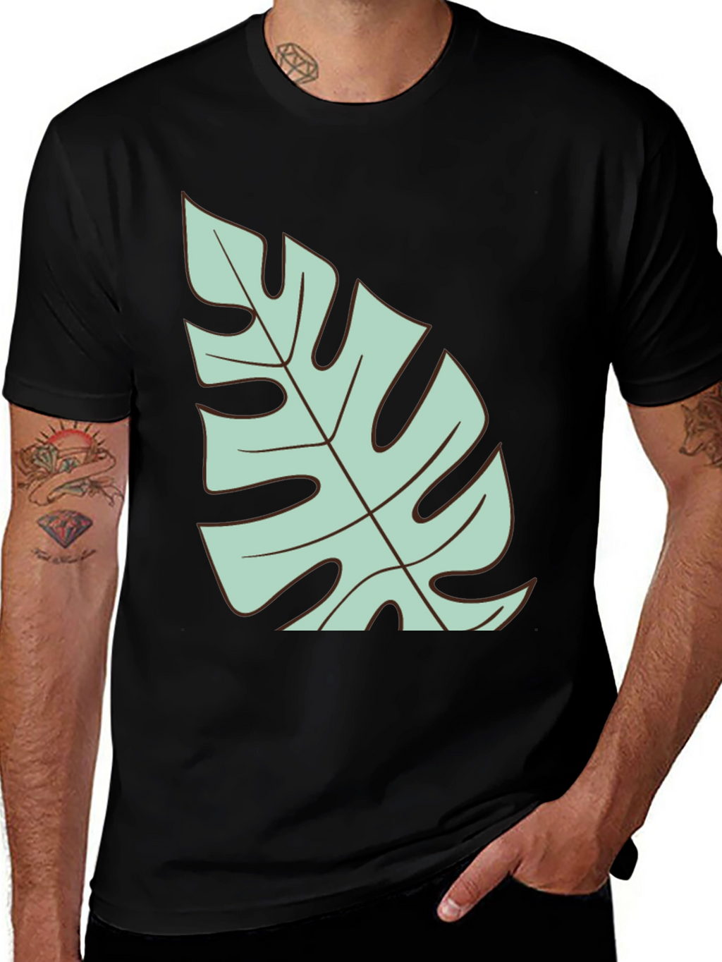 Tropical Monstera Leaf Graphic T-Shirt - Black