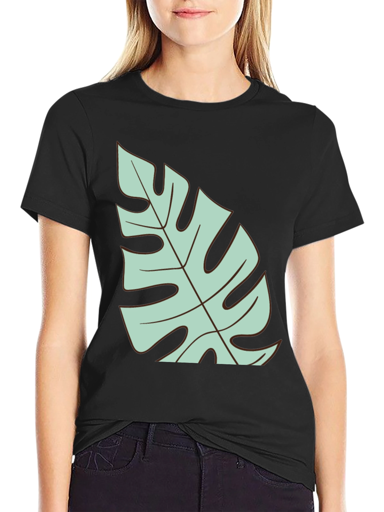 Tropical Monstera Leaf Graphic T-Shirt - Black