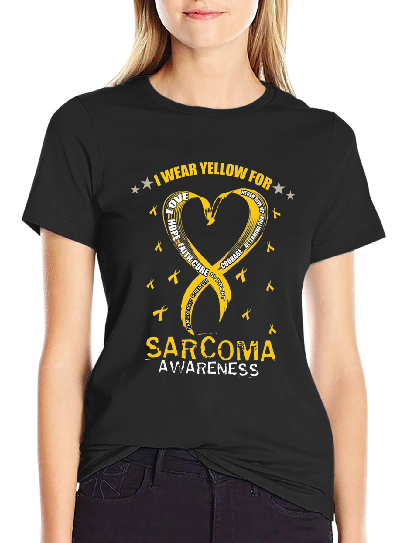 Sarcoma Awareness T-Shirt - Yellow Ribbon Heart Design