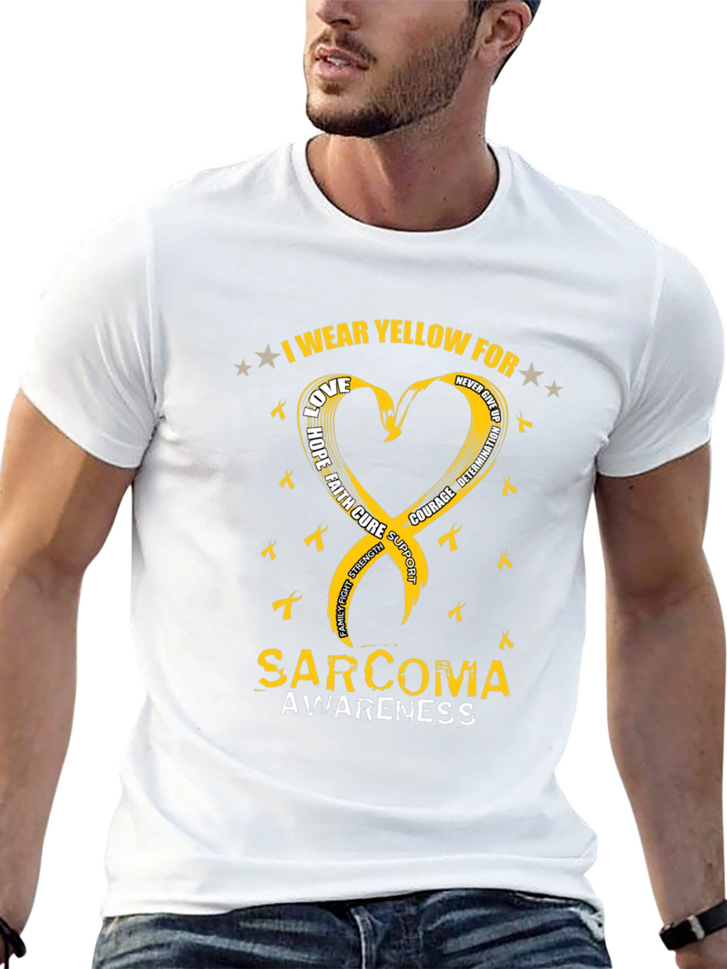 Sarcoma Awareness T-Shirt - Yellow Ribbon Heart Design