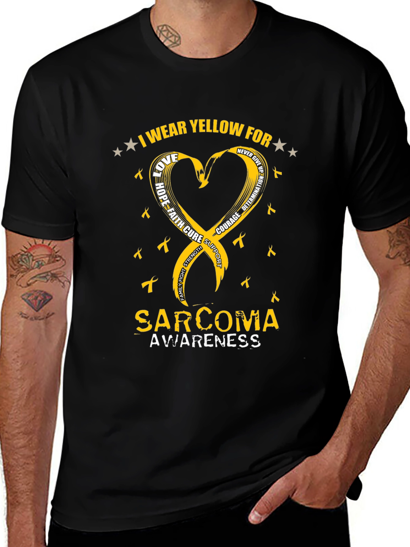 Sarcoma Awareness T-Shirt - Yellow Ribbon Heart Design