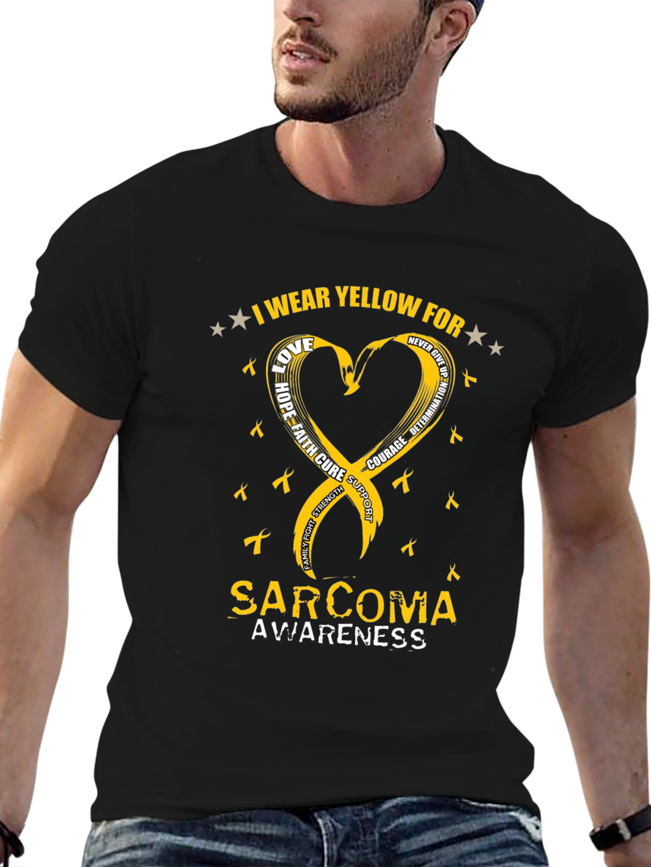 Sarcoma Awareness T-Shirt - Yellow Ribbon Heart Design