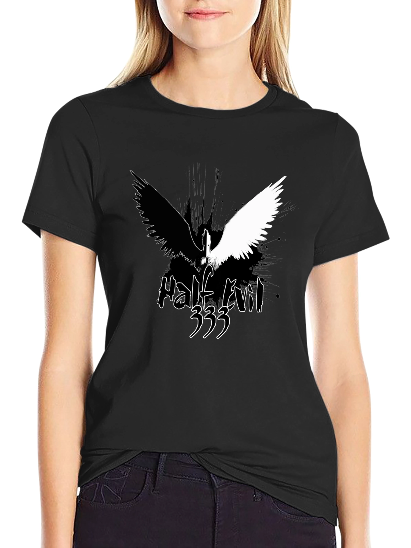 Half Evil Angel Wings Black T-Shirt
