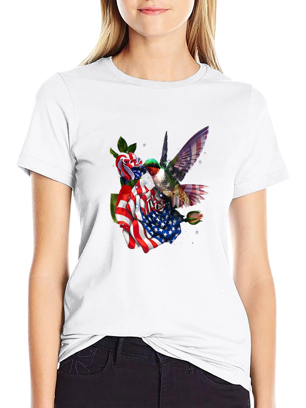 Hummingbird American Flag Floral T-Shirt
