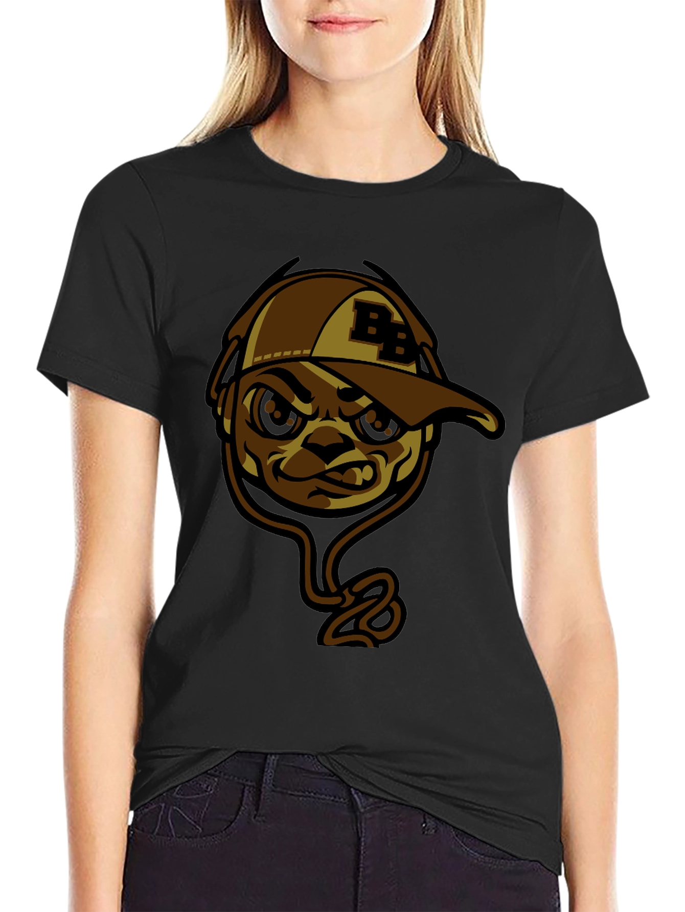 Cool BB Cap Cartoon Graphic Black T-Shirt
