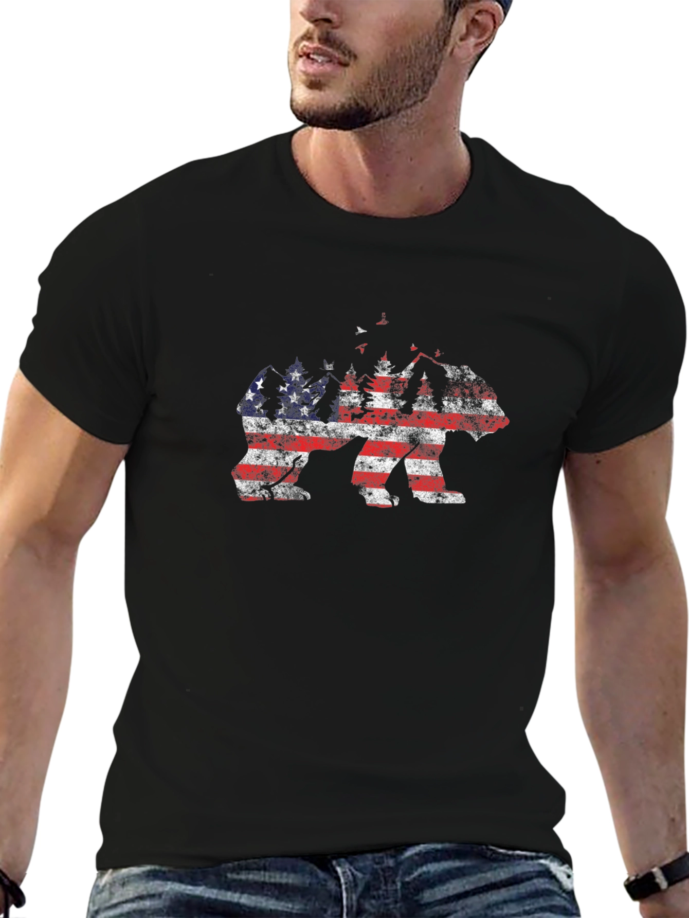 American Flag Bear Graphic Tee - Black