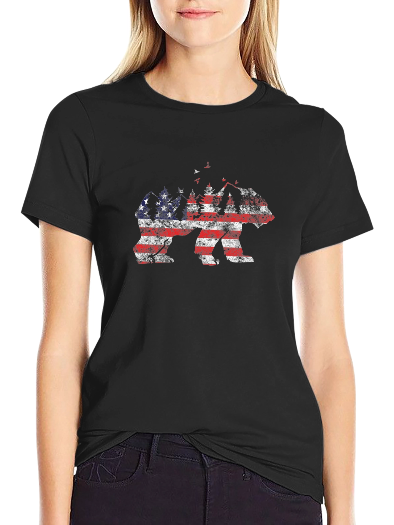 American Flag Bear Graphic Tee - Black