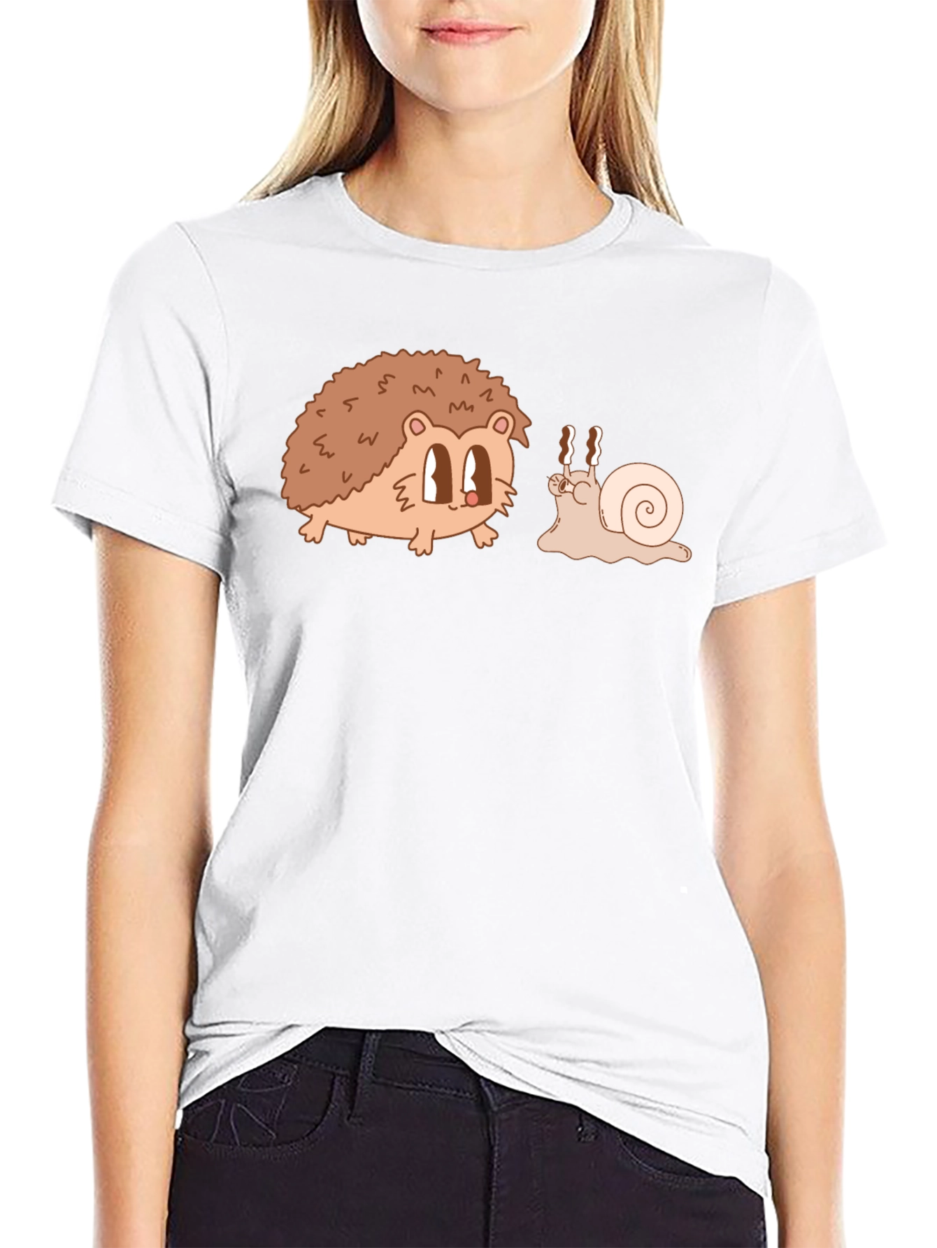 Hedgehog & Snail Cartoon Graphic Black T-Shirt