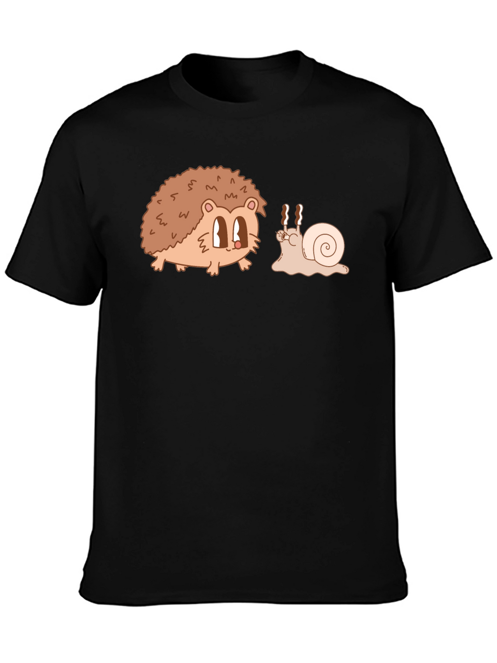 Hedgehog & Snail Cartoon Graphic Black T-Shirt