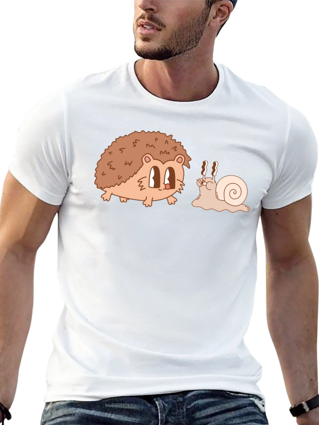 Hedgehog & Snail Cartoon Graphic Black T-Shirt