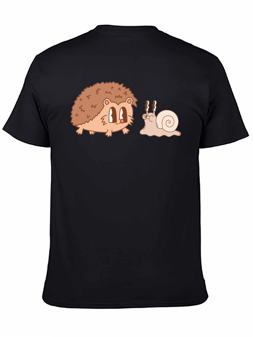 Hedgehog & Snail Cartoon Graphic Black T-Shirt