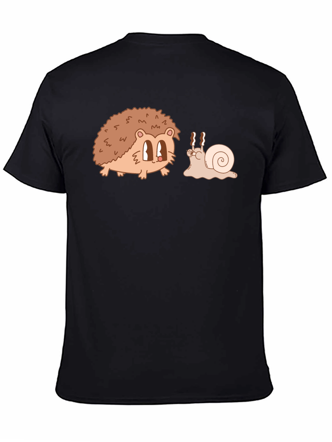 Hedgehog & Snail Cartoon Graphic Black T-Shirt