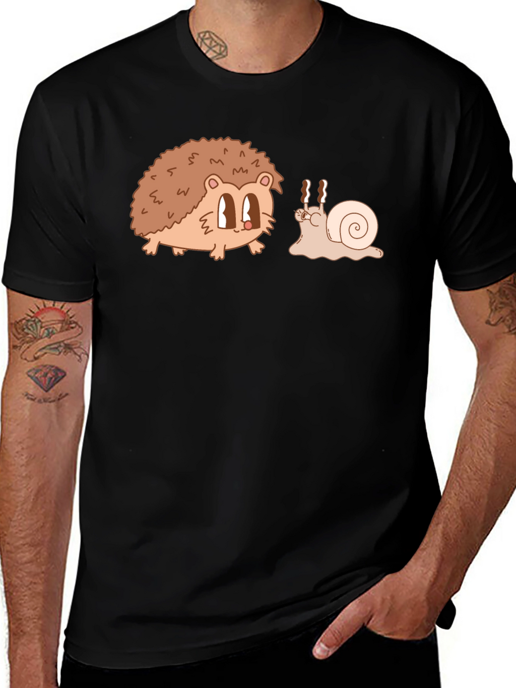 Hedgehog & Snail Cartoon Graphic Black T-Shirt