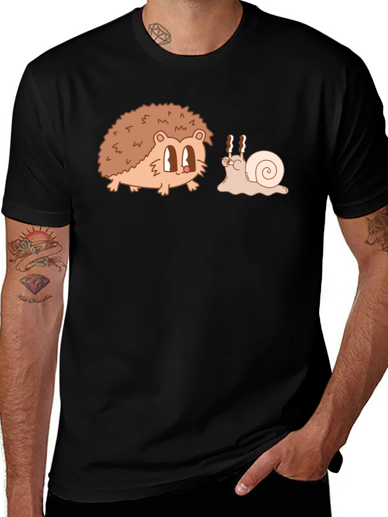 Hedgehog & Snail Cartoon Graphic Black T-Shirt