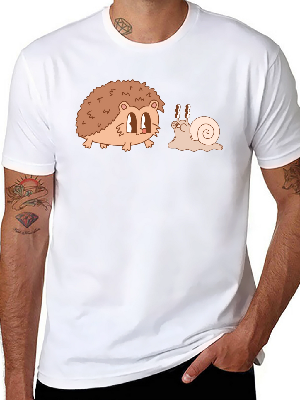 Hedgehog & Snail Cartoon Graphic Black T-Shirt