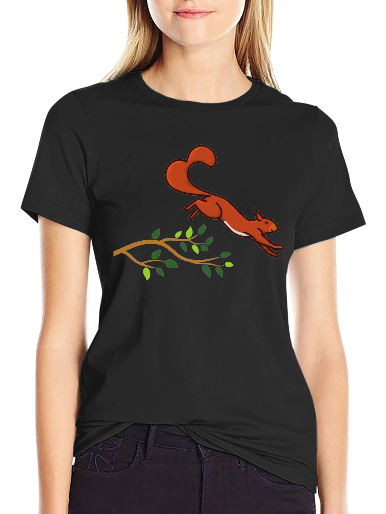 Squirrel Leaping T-Shirt - Black Cotton Graphic Tee