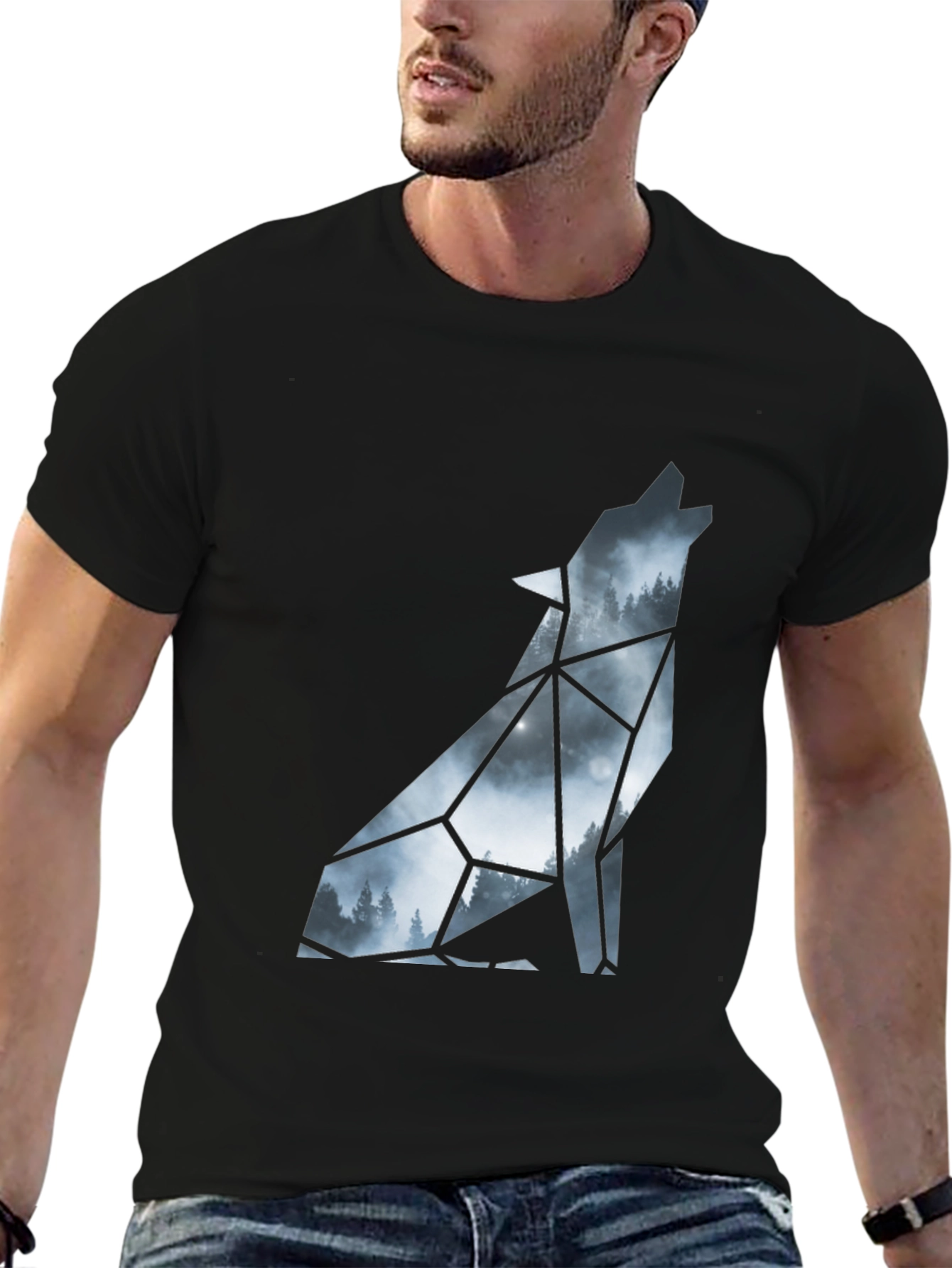 Geometric Wolf Silhouette Black T-Shirt
