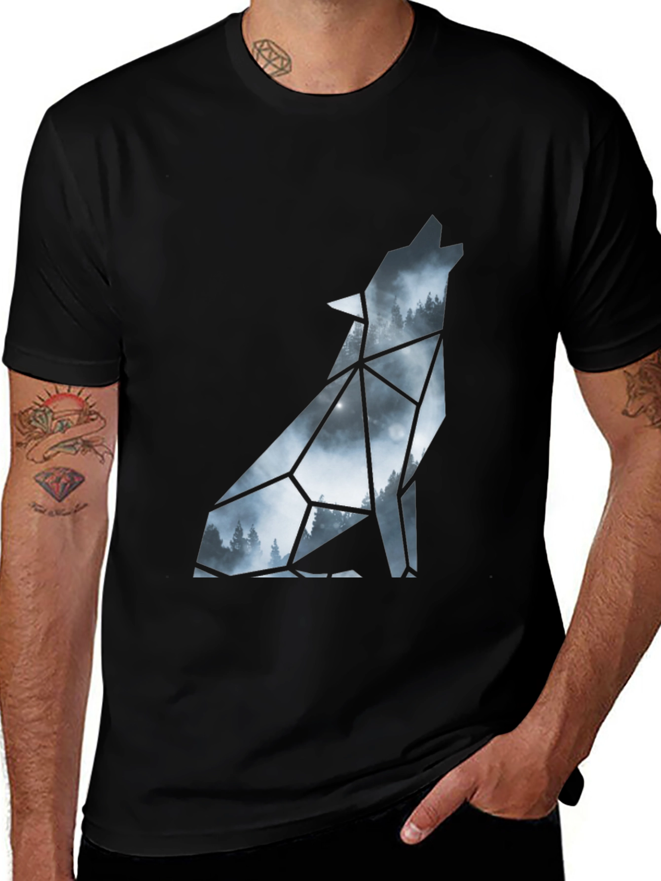 Geometric Wolf Silhouette Black T-Shirt