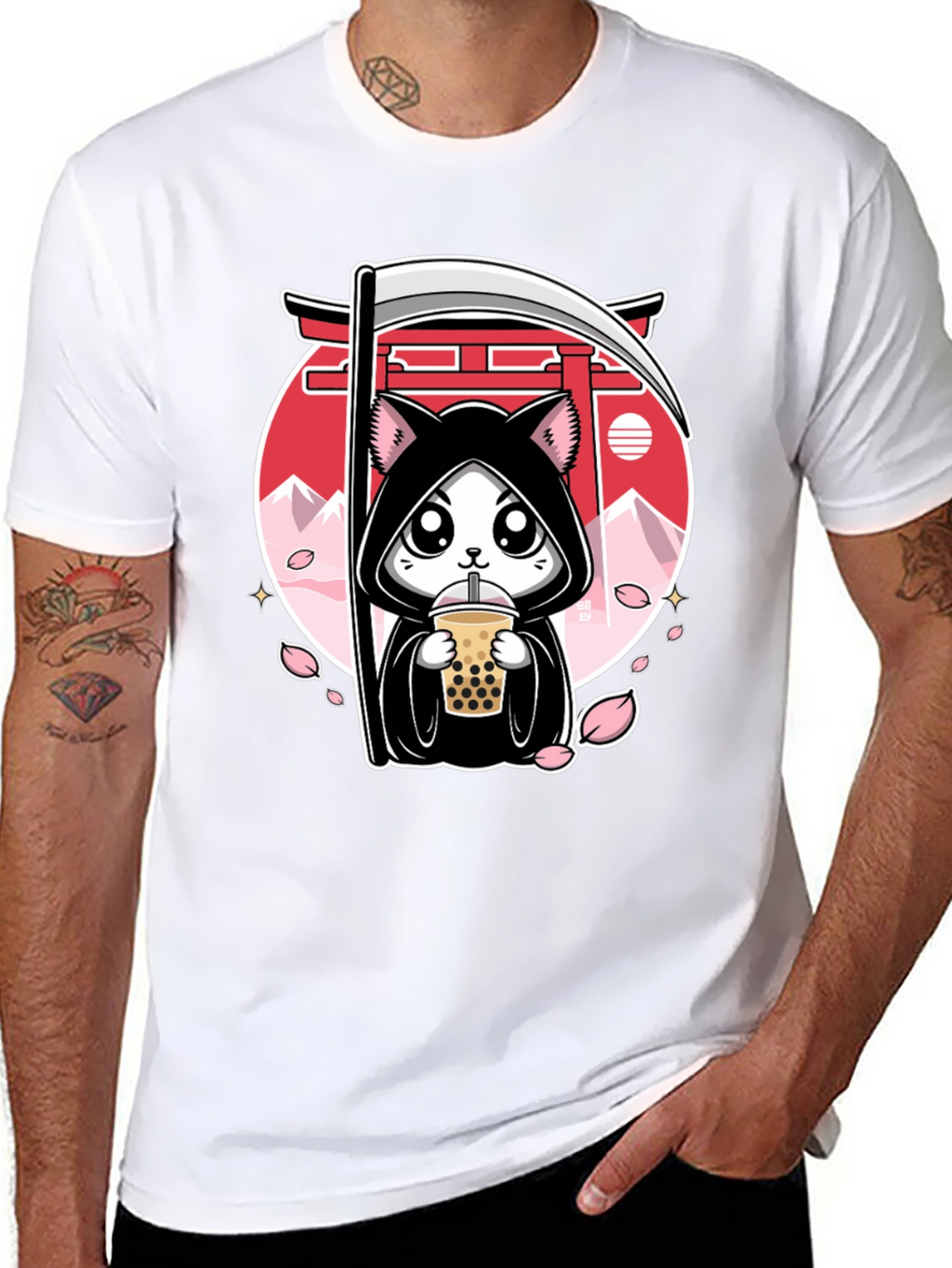 Kawaii Grim Reaper Cat Boba Tea Graphic Tee