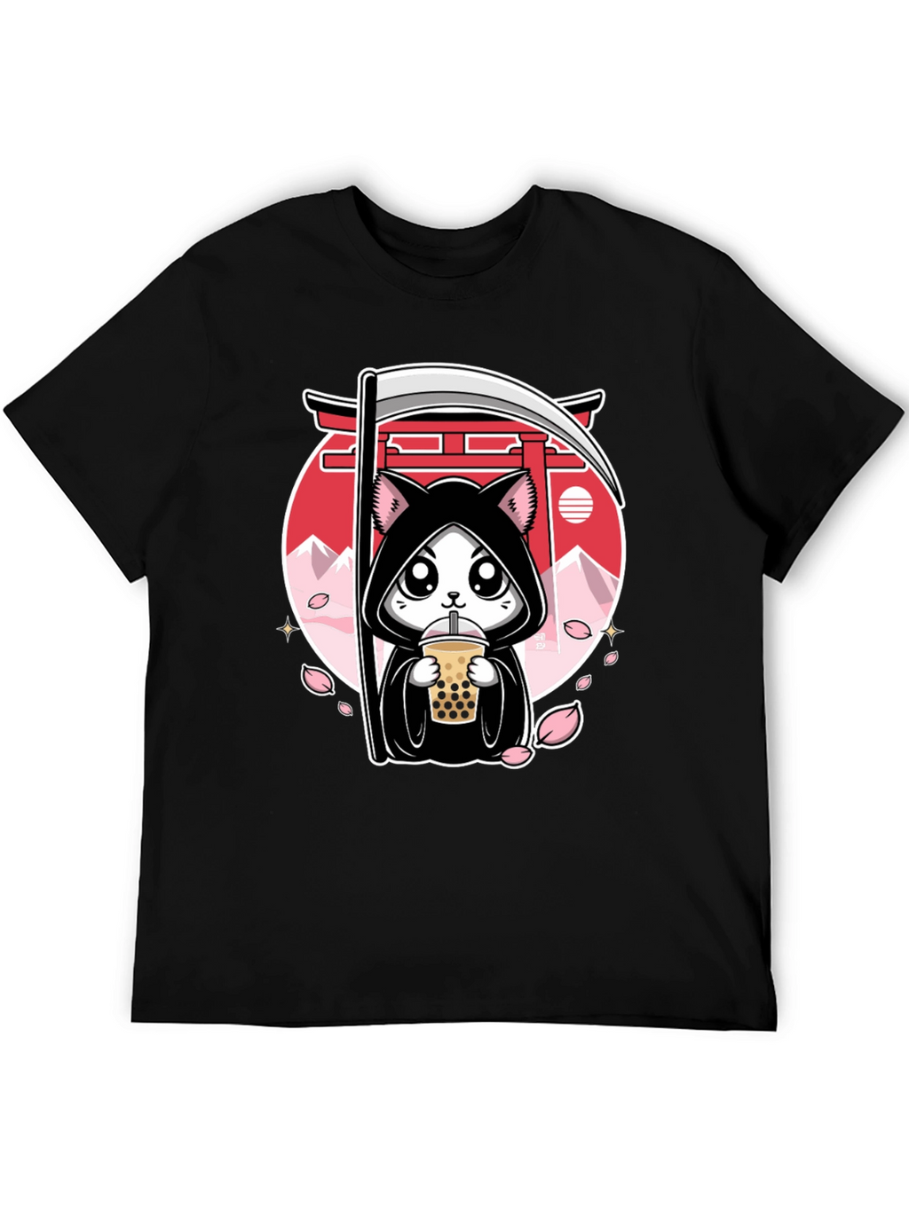 Kawaii Grim Reaper Cat Boba Tea Graphic Tee
