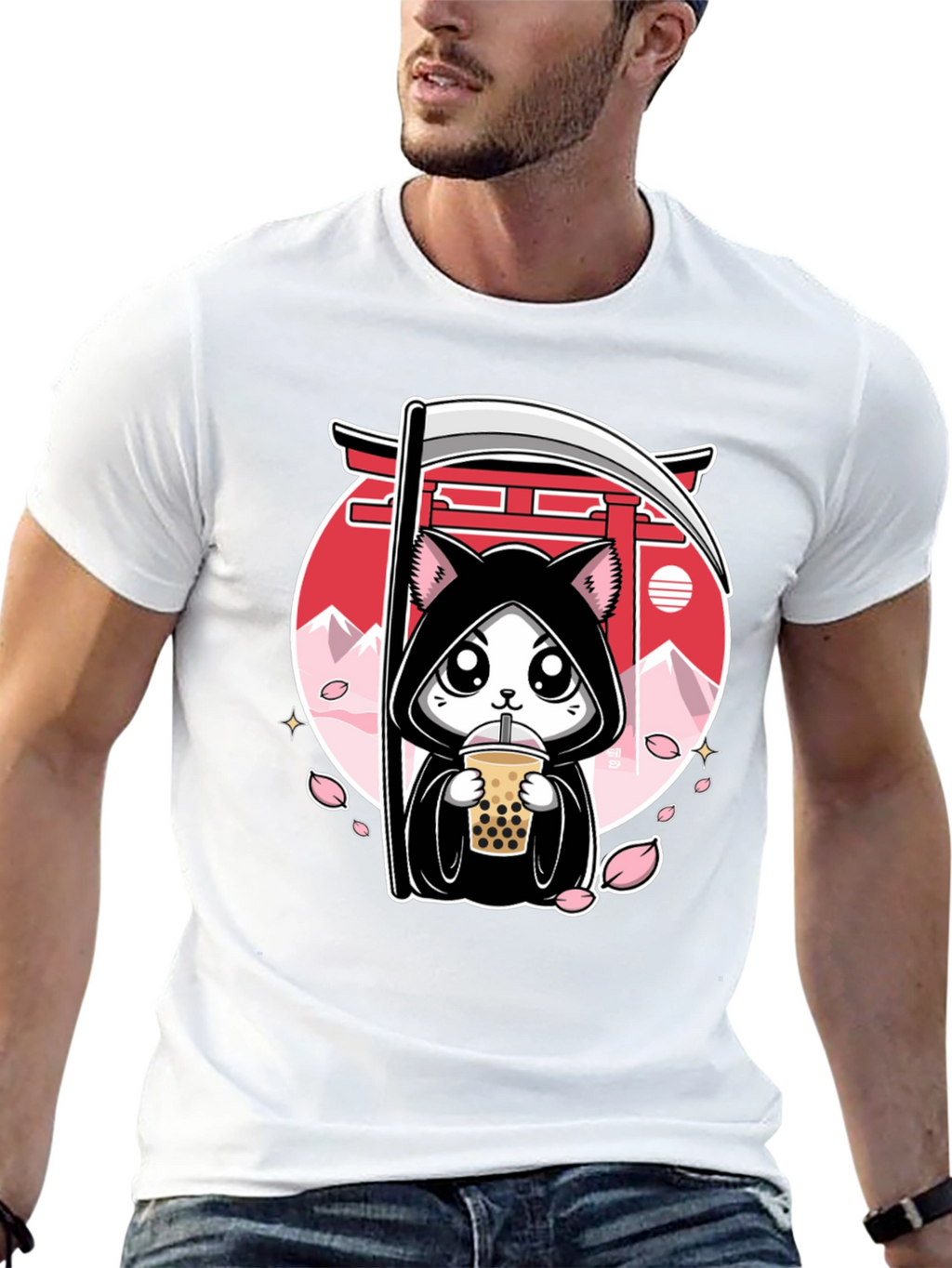 Kawaii Grim Reaper Cat Boba Tea Graphic Tee