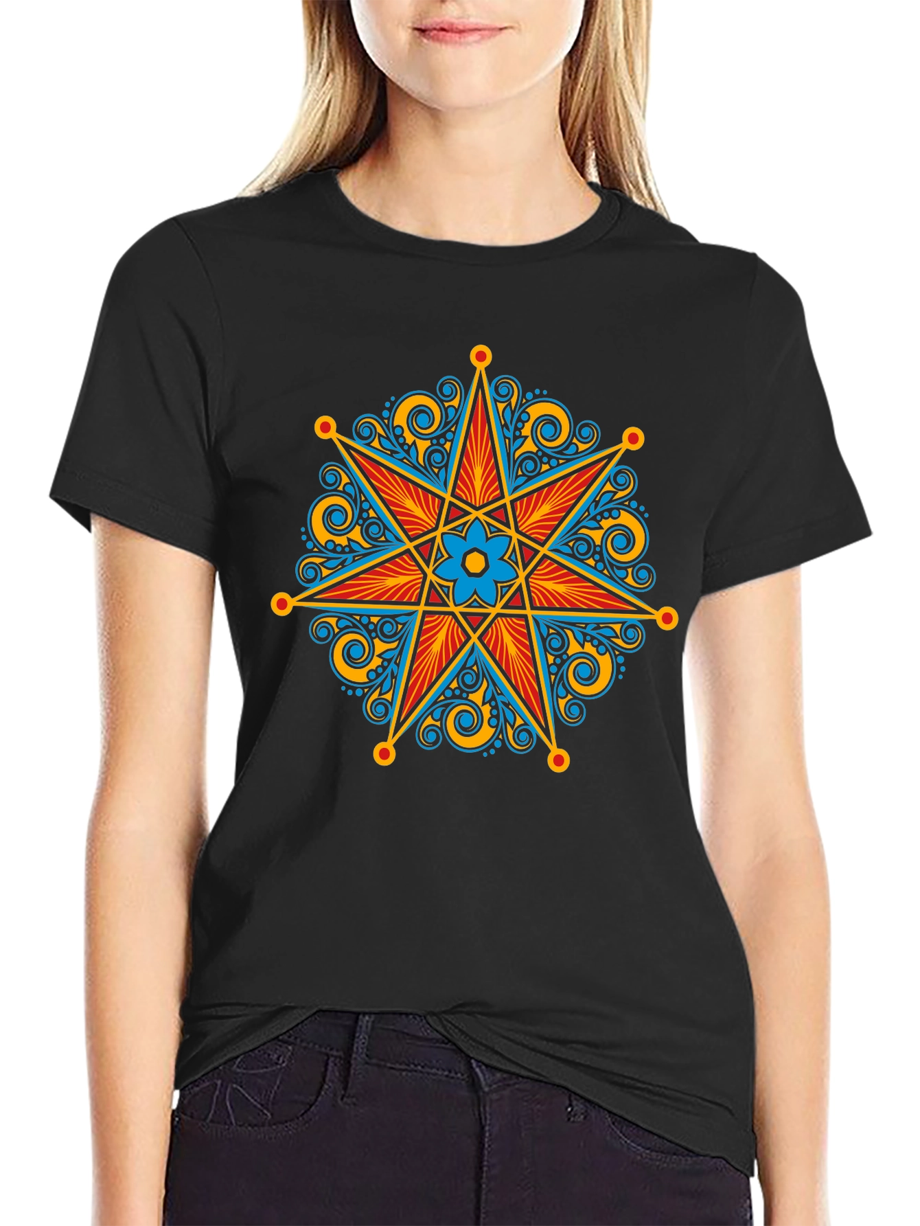 Ornate Star Design Black T-Shirt