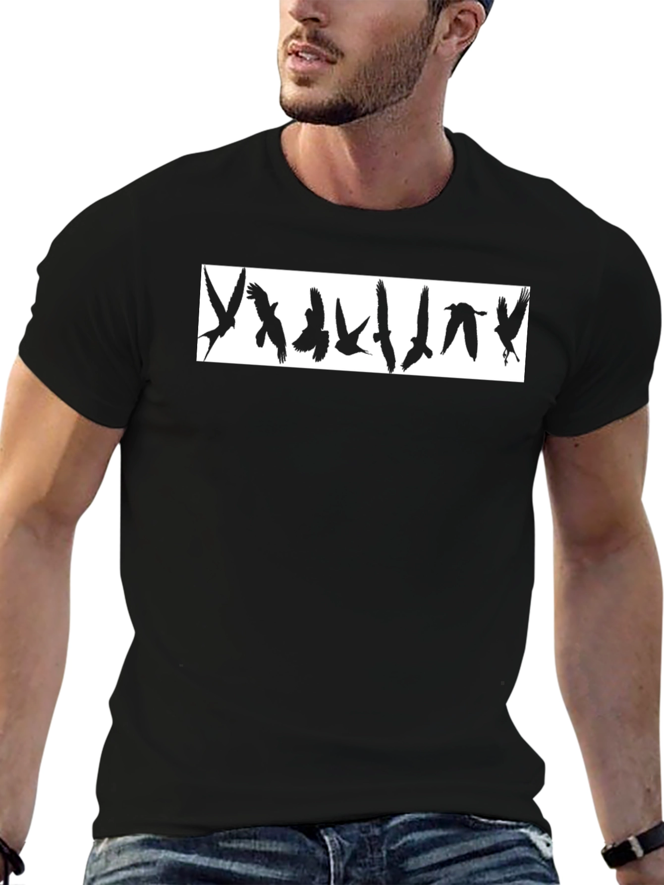 Black Graphic Tee - Flying Birds Design