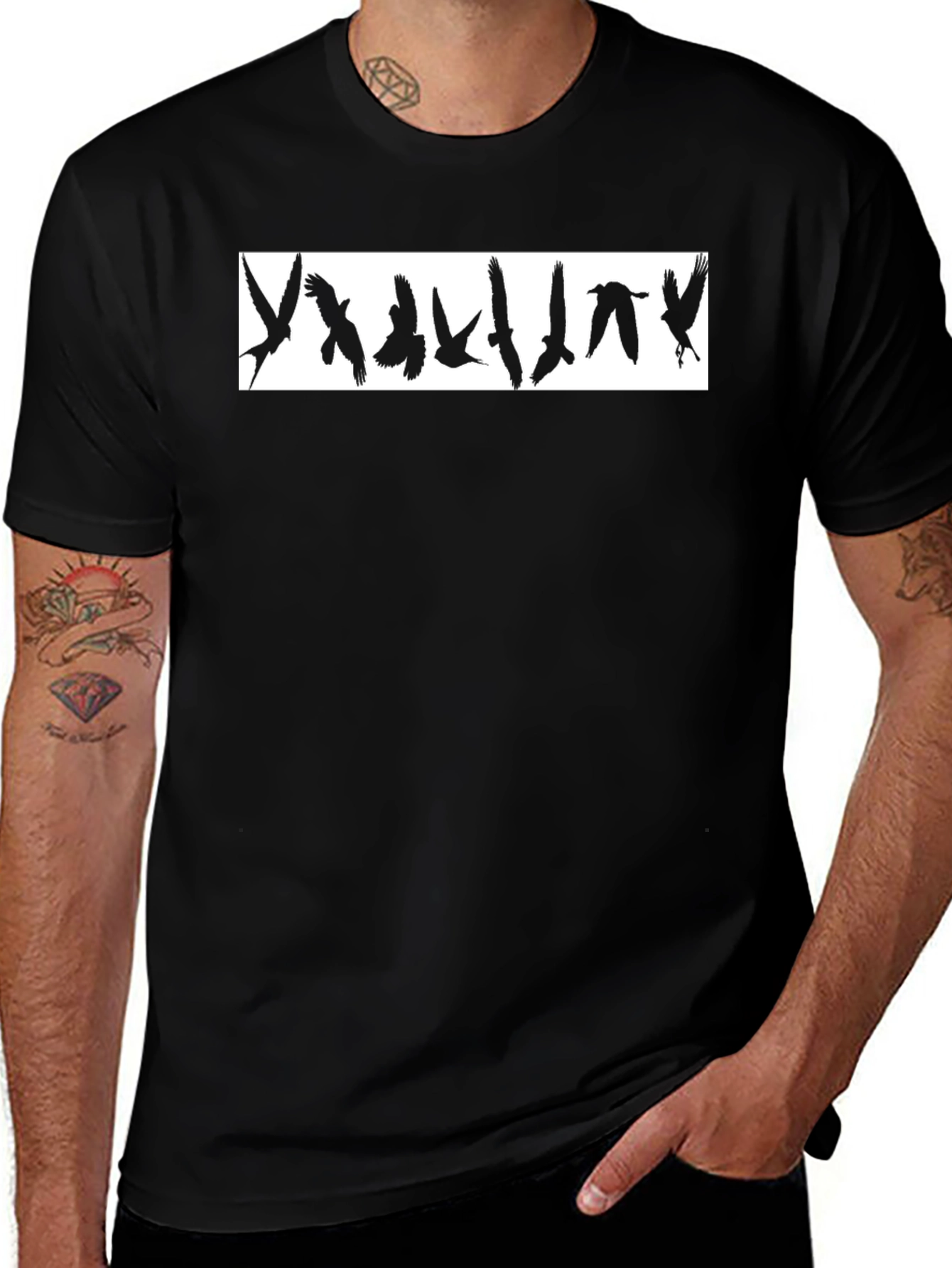 Black Graphic Tee - Flying Birds Design