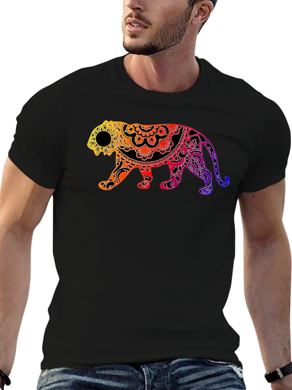 Vibrant Mandala Tiger Graphic Tee - Black