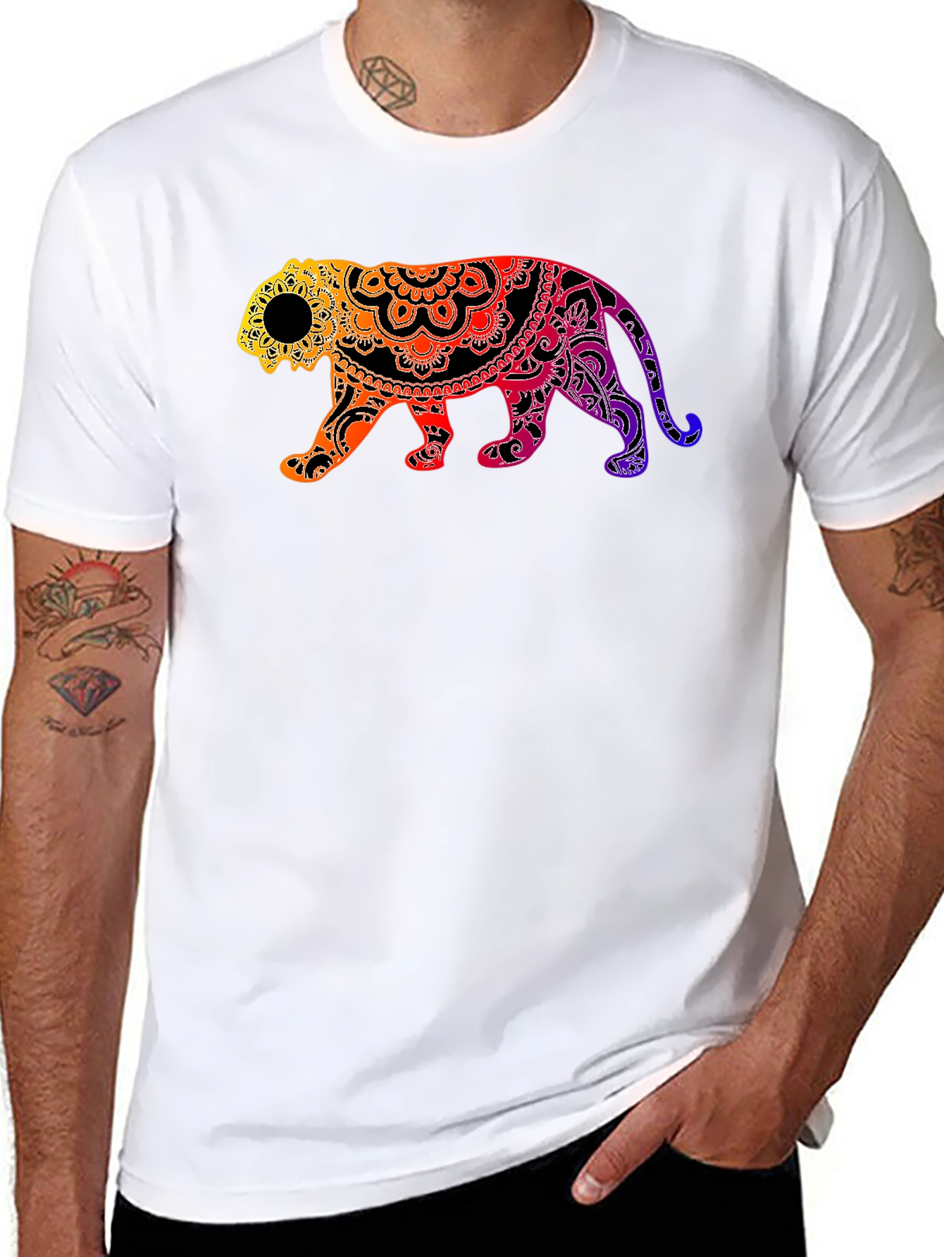 Vibrant Mandala Tiger Graphic Tee - Black