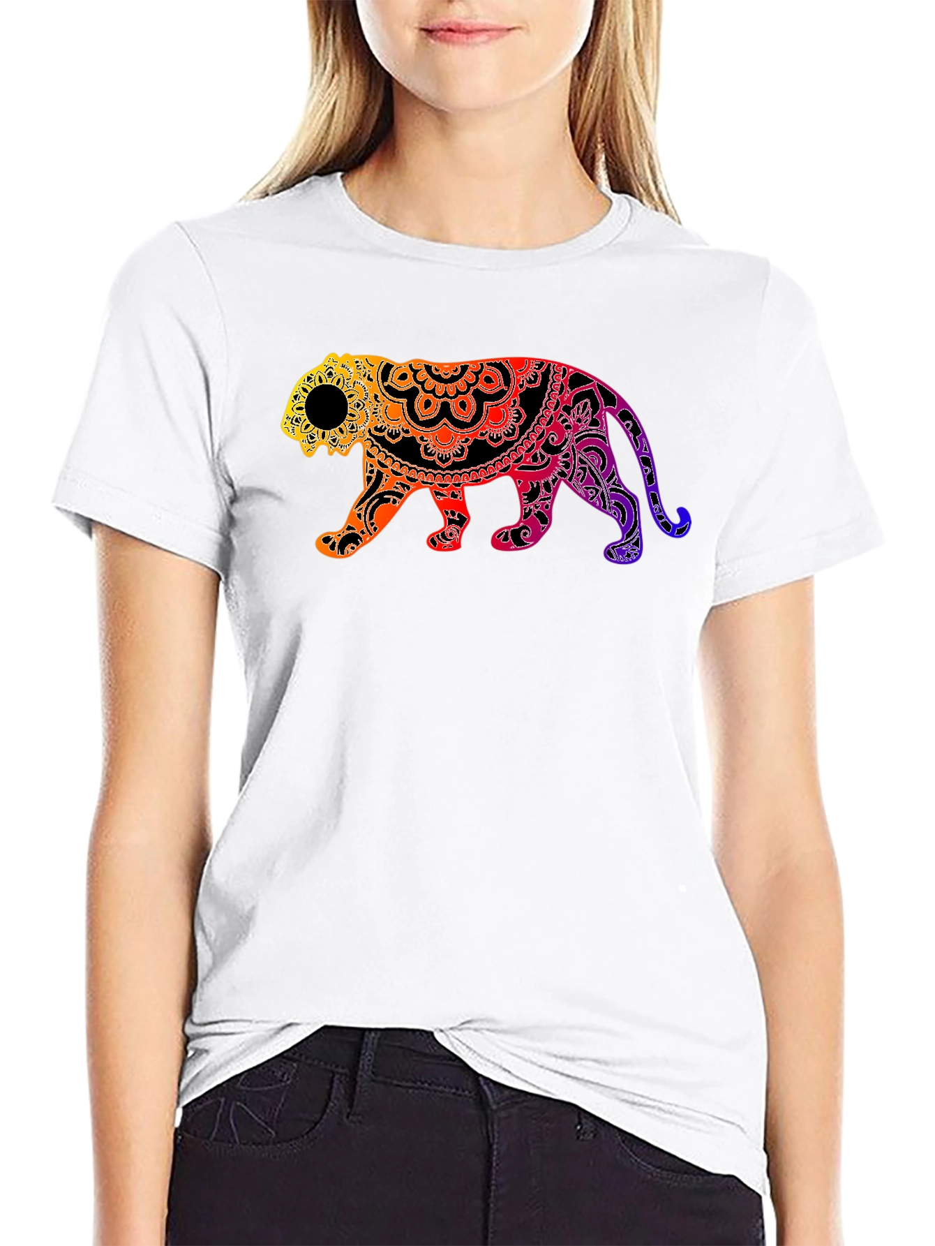 Vibrant Mandala Tiger Graphic Tee - Black