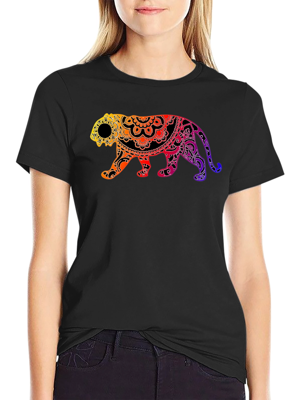 Vibrant Mandala Tiger Graphic Tee - Black