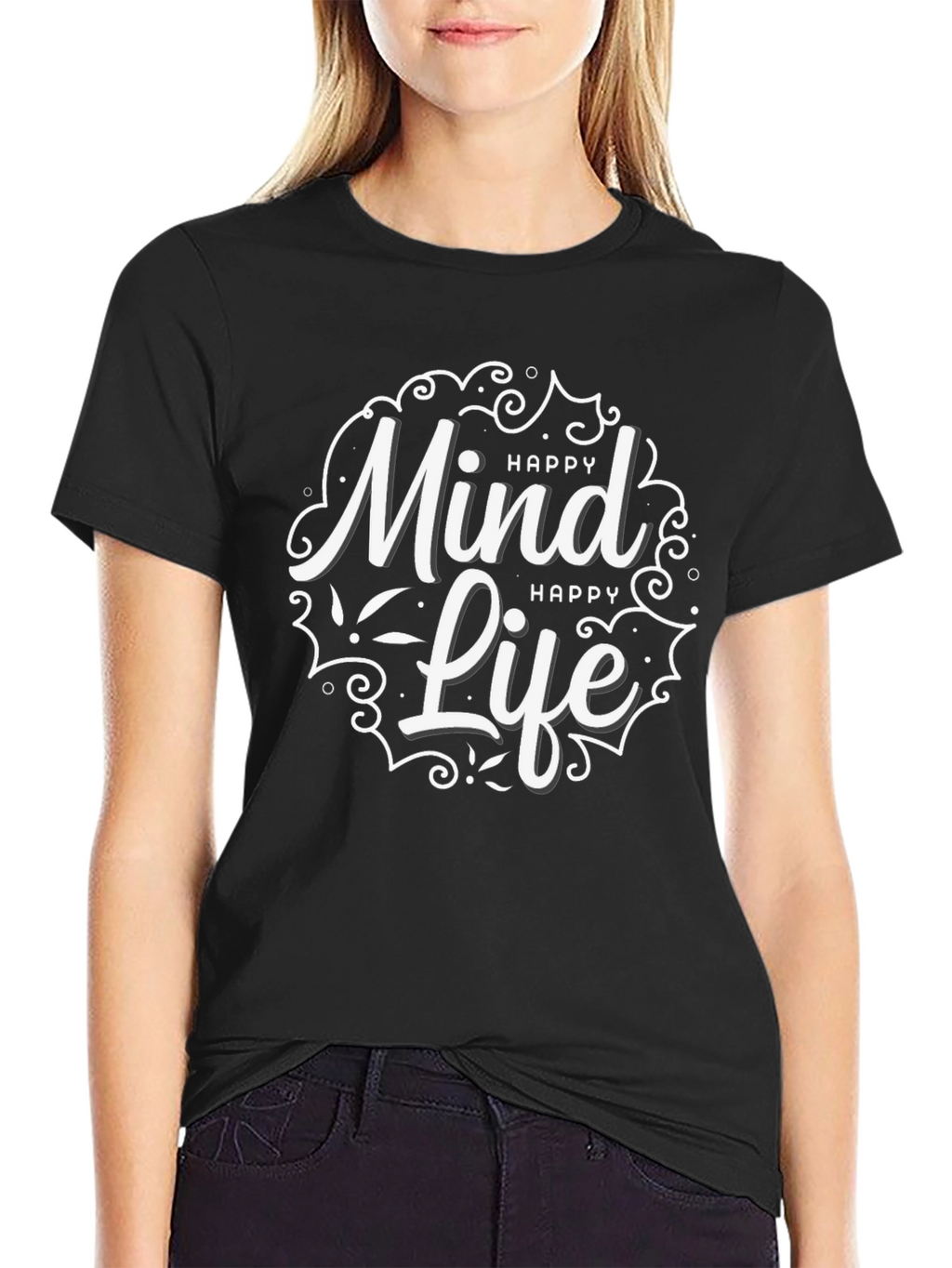 Happy Mind Happy Life Black Graphic T-Shirt