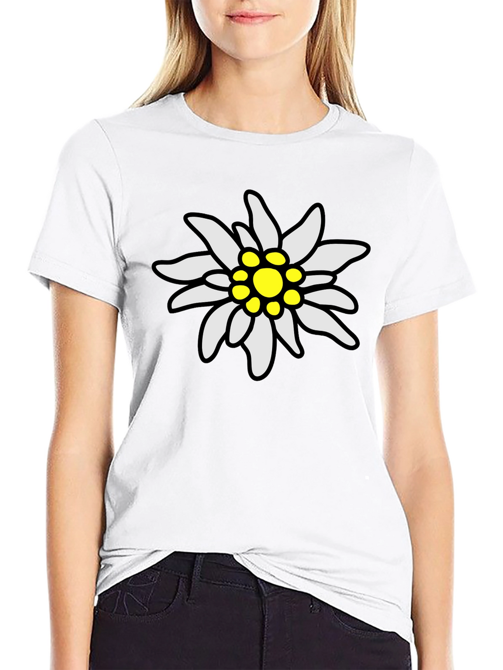 Edelweiss Flower Graphic Tee - Black Cotton T-Shirt
