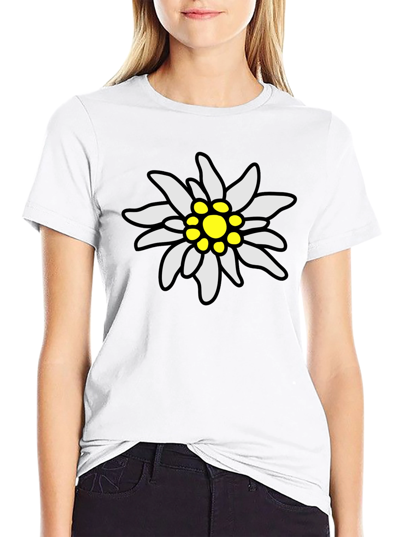 Edelweiss Flower Graphic Tee - Black Cotton T-Shirt