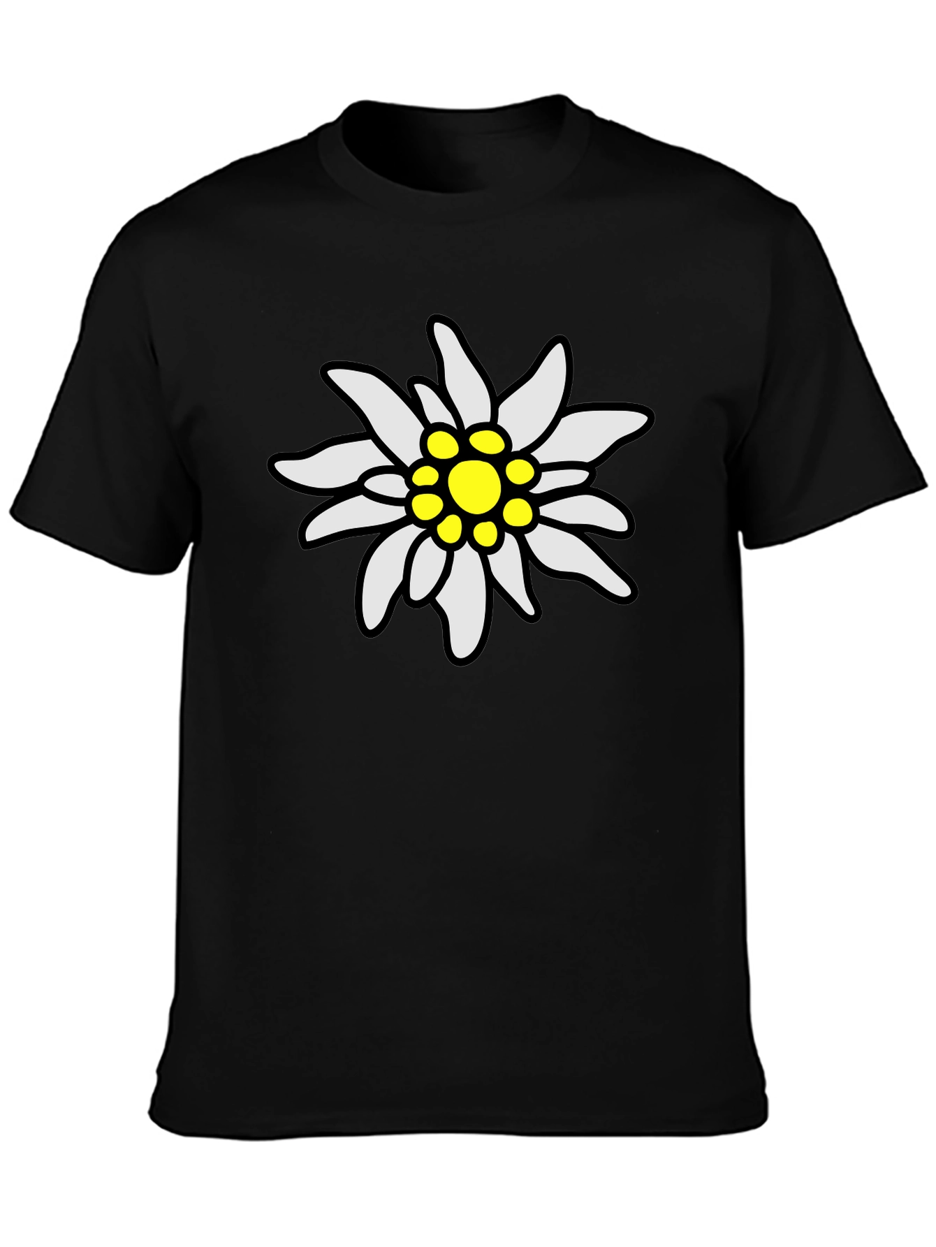 Edelweiss Flower Graphic Tee - Black Cotton T-Shirt