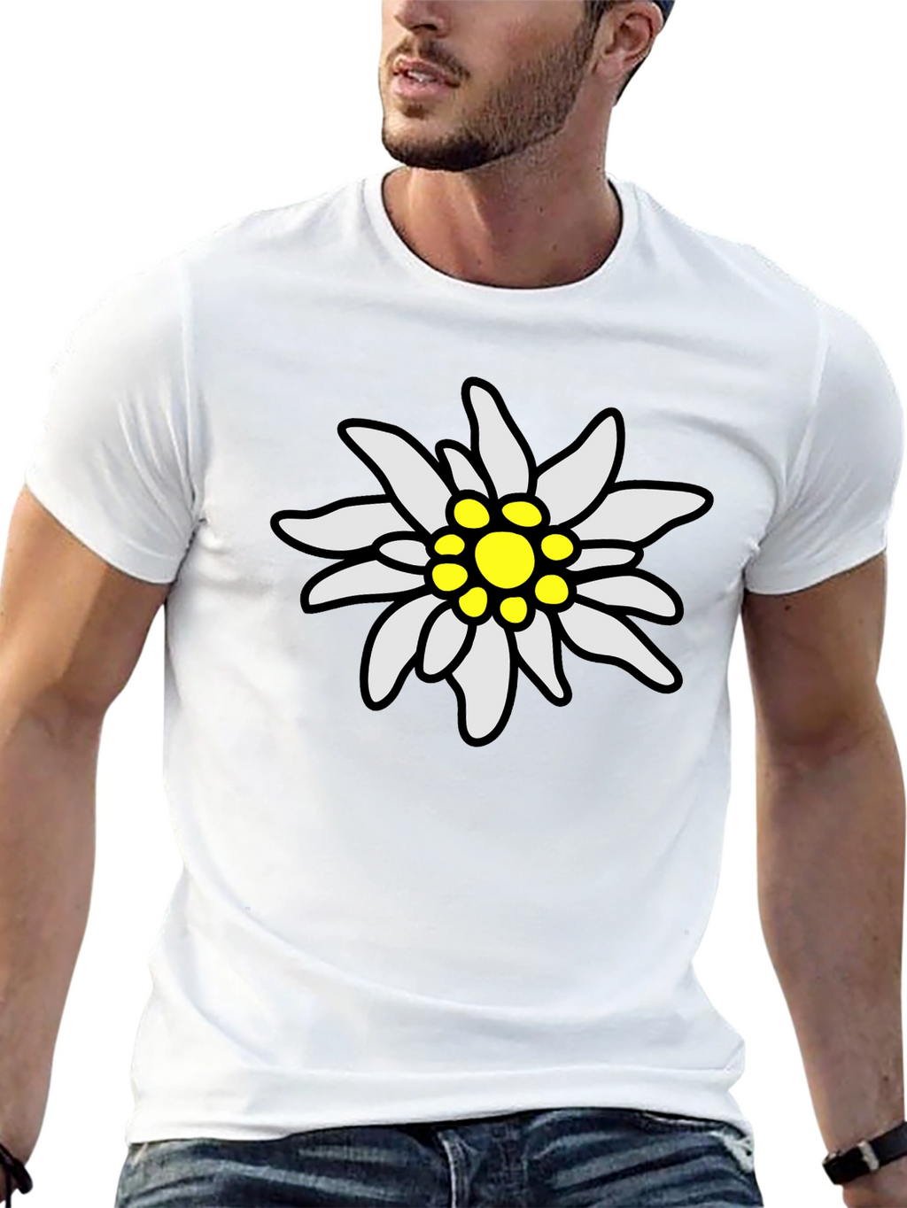 Edelweiss Flower Graphic Tee - Black Cotton T-Shirt