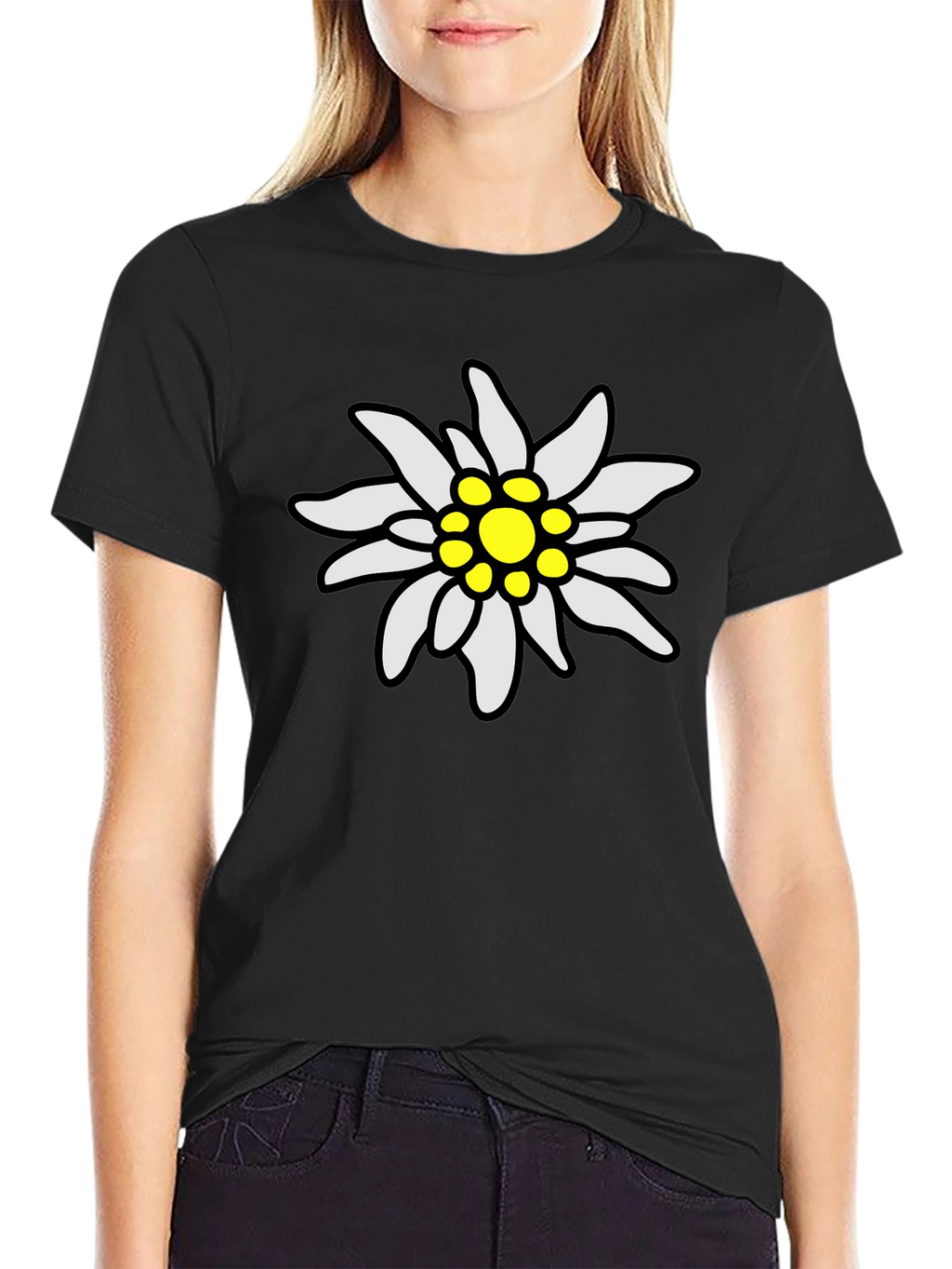 Edelweiss Flower Graphic Tee - Black Cotton T-Shirt