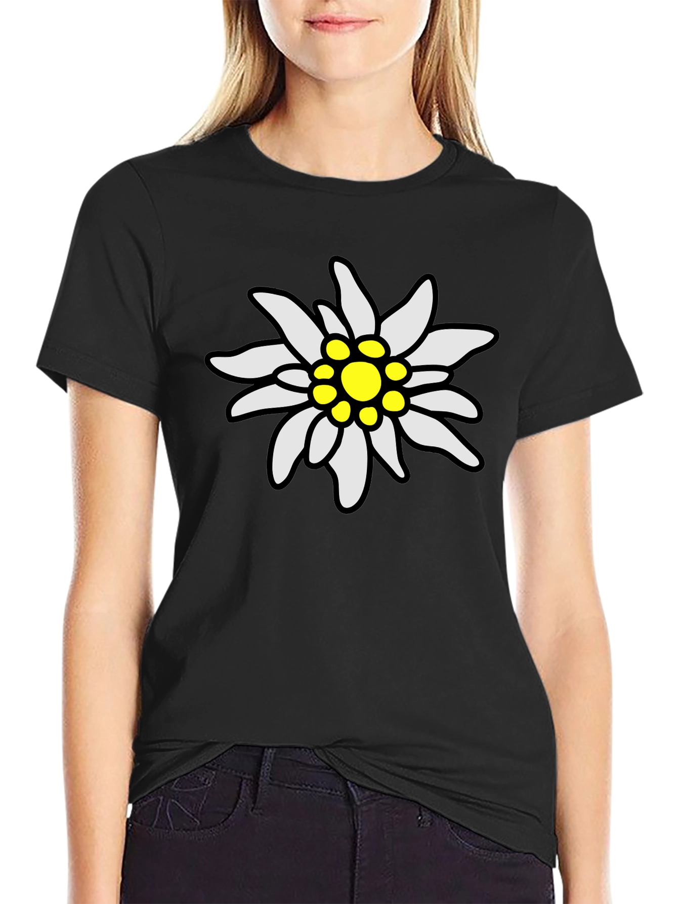 Edelweiss Flower Graphic Tee - Black Cotton T-Shirt