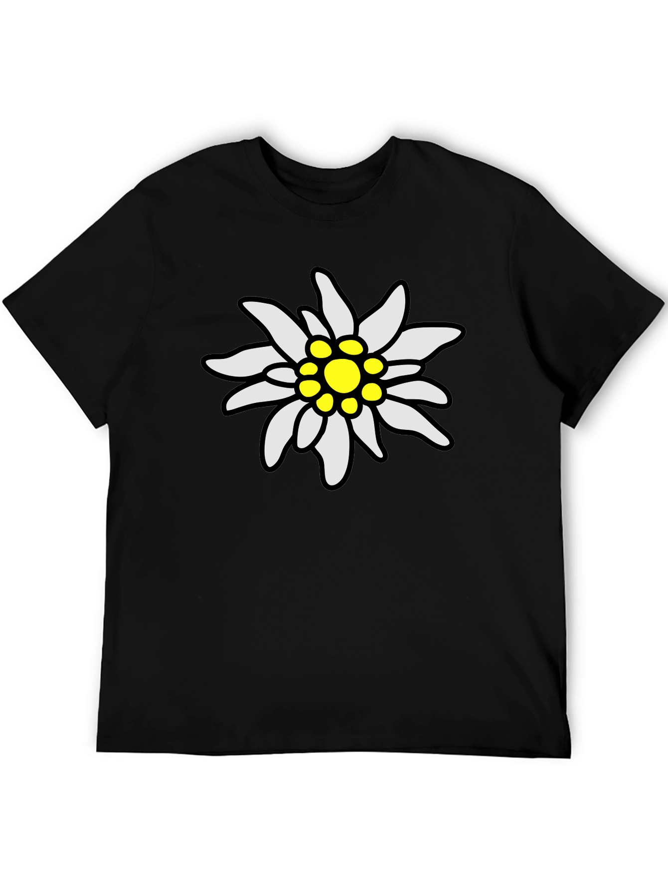 Edelweiss Flower Graphic Tee - Black Cotton T-Shirt