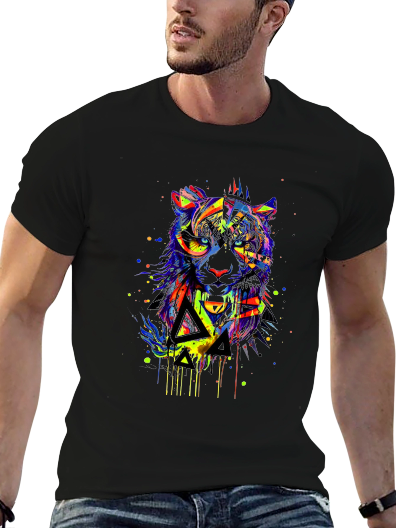 Vibrant Abstract Tiger Graphic Black T-Shirt
