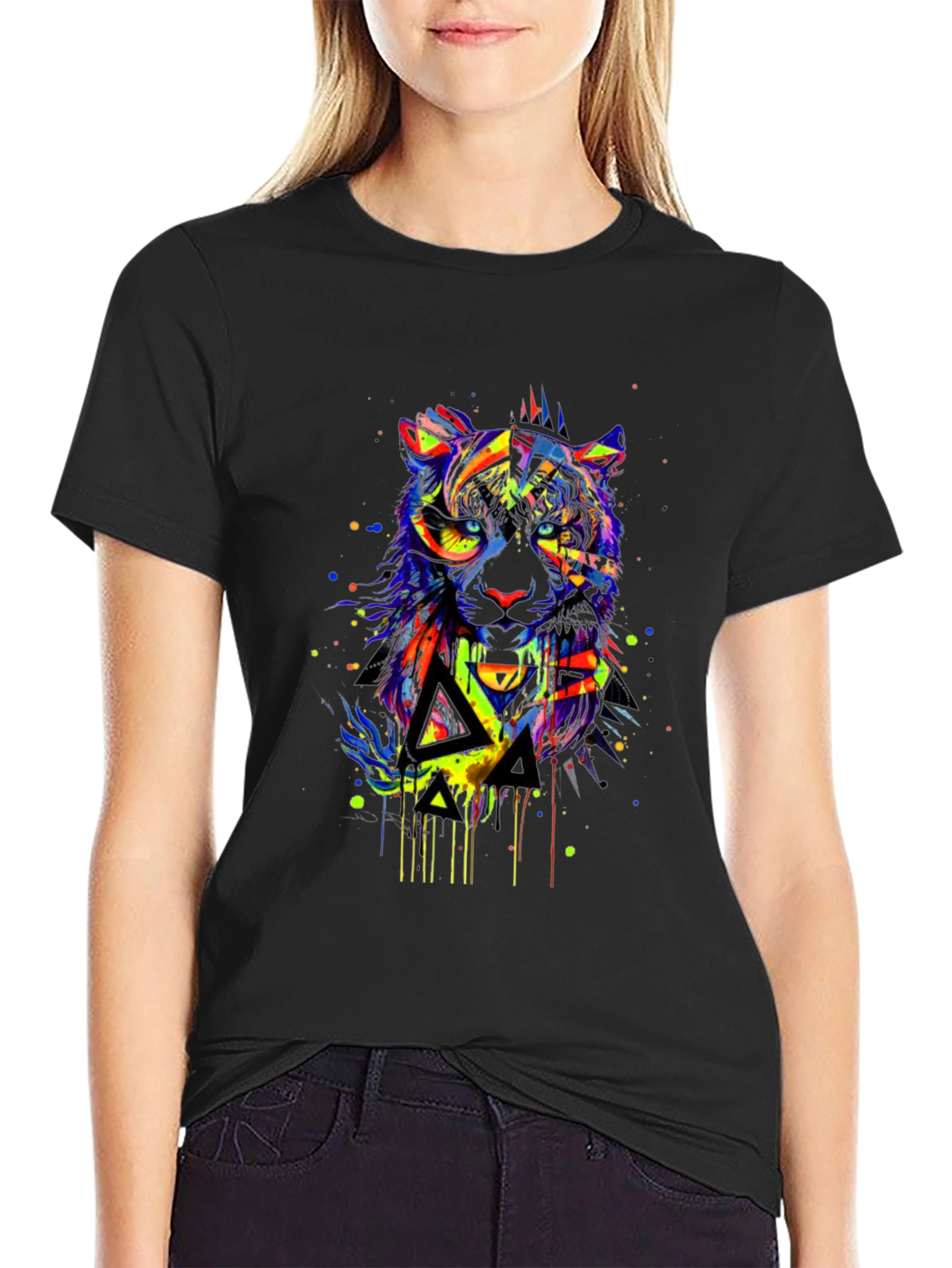 Vibrant Abstract Tiger Graphic Black T-Shirt