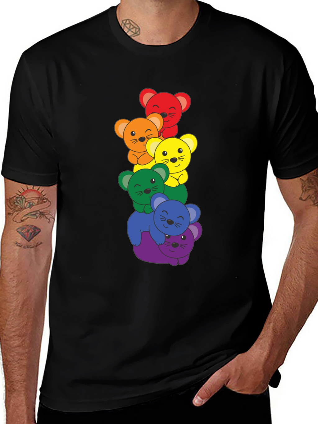 Rainbow Bear Stack Black T-Shirt