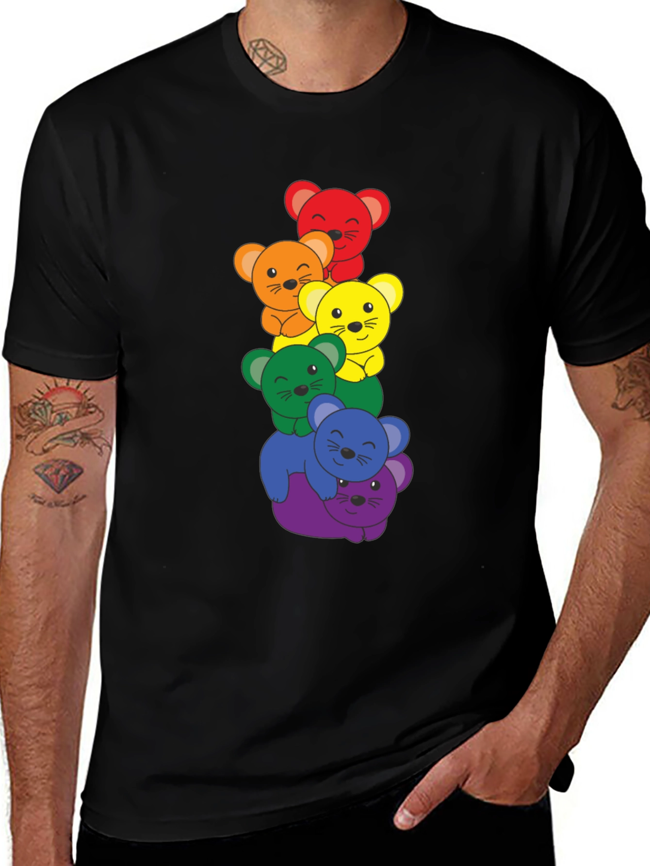 Rainbow Bear Stack Black T-Shirt